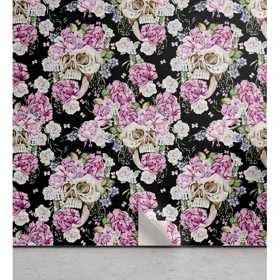 Ambesonne Floral Skull Peel & Stick Wallpaper for Home, Goth Rose Peony Flower, 13"x36", Soft Pink Olive Green