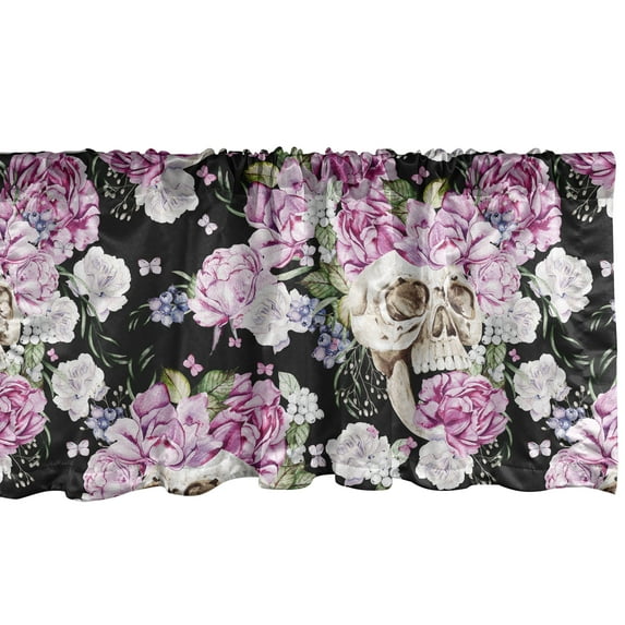 Ambesonne Floral Skull Window Valance with Rod Pocket, Goth Rose Peony Flower, 54" X 18", Soft Pink Olive Green