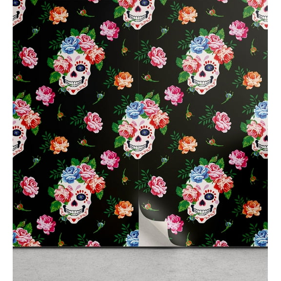 Ambesonne Floral Skulls Peel & Stick Wallpaper for Home, Calavera Inspired Art, 13"x72", Black Green and Multicolor