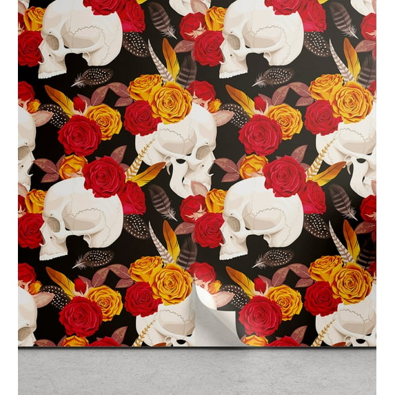 Ambesonne Floral Skulls Peel & Stick Wallpaper for Home, Feathers and Roses, 13"x100", Dark Pink Orange Black