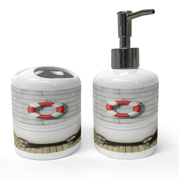 Ambesonne Floral Soap Dispenser & Toothbrush Holder Set, Grunge Wall Sailor Bath, 2 Pcs, White Red Grey