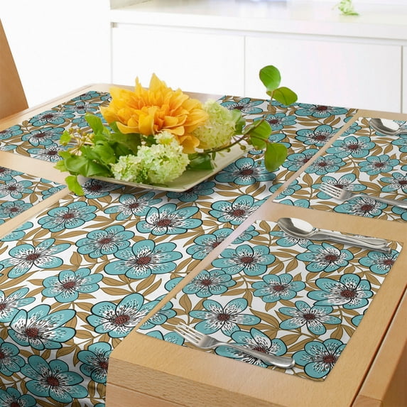 Ambesonne Floral Table Runner & Placemats, 2 Colored Flower Drawing, Placemat 4 pcs + Runner 12"x90", Pale Teal Pale Brown