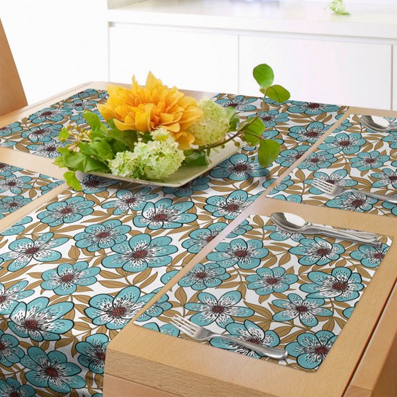 Ambesonne Floral Table Runner & Placemats, 2 Colored Flower Drawing, Placemat 4 pcs + Runner 16"x72", Pale Teal Pale Brown