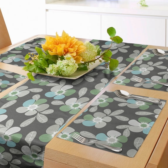 Ambesonne Floral Table Runner & Placemats, Abstract Flowers and Leaves, Placemat 4 pcs + Runner 12"x90", Grey Pale Sage Green