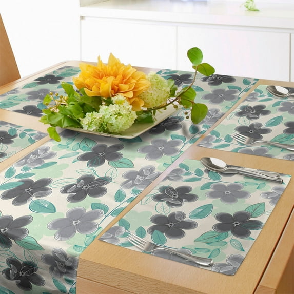 Ambesonne Floral Table Runner & Placemats, Abstract Nostalgic Retro, Placemat 4 pcs + Runner 12"x90", Charcoal Grey Mint Green