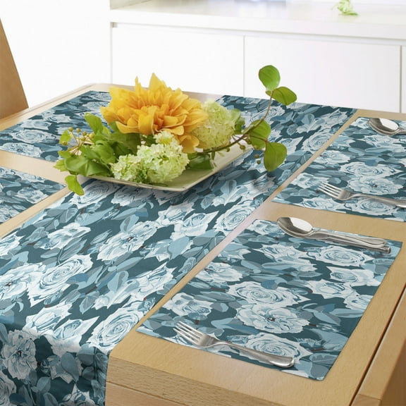 Ambesonne Floral Table Runner & Placemats, Aquatic English Rose Flowers, Placemat 4 pcs + Runner 16"x72", Dark Teal and Multicolor