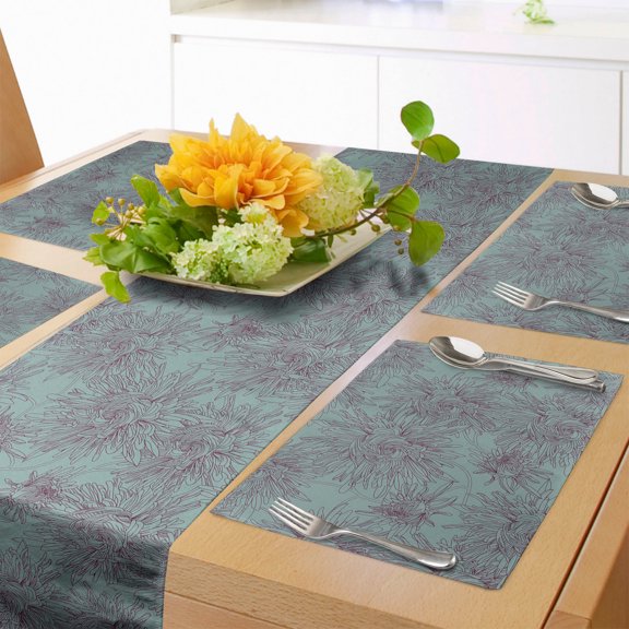 Ambesonne Floral Table Runner & Placemats, Aster Blossoms Art, Placemat 4 pcs + Runner 12"x72", Dark Sea Green Maroon