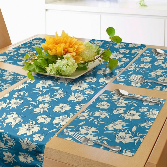 Ambesonne Floral Table Runner & Placemats, Blooming Lily Flowers Art, Placemat 4 pcs + Runner 16"x72", Sea Blue Eggshell