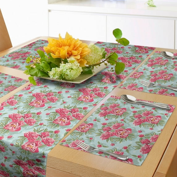 Ambesonne Floral Table Runner & Placemats, Blooming Vintage Garden Art, Placemat 4 pcs + Runner 14"x72", Blue Pink