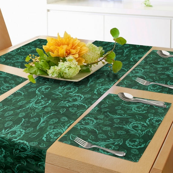 Ambesonne Floral Table Runner & Placemats, Blossoming Vivid Nature, Placemat 4 pcs + Runner 14"x72", Jade Green Pale Green