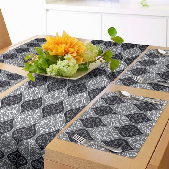 Ambesonne Floral Table Runner & Placemats, Botanical Abstract Damask, Placemat 4 pcs + Runner 12"x90", Purpleblue Blue Grey