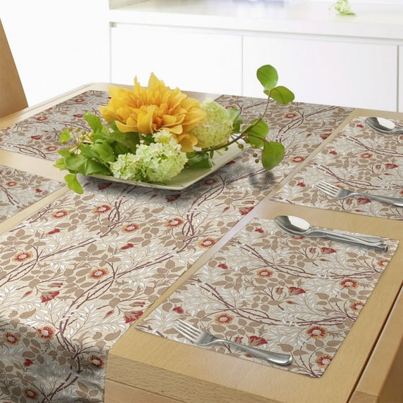 Ambesonne Floral Table Runner & Placemats, Botany Items and Branches, Placemat 4 pcs + Runner 12"x72", Warm Taupe Paprika