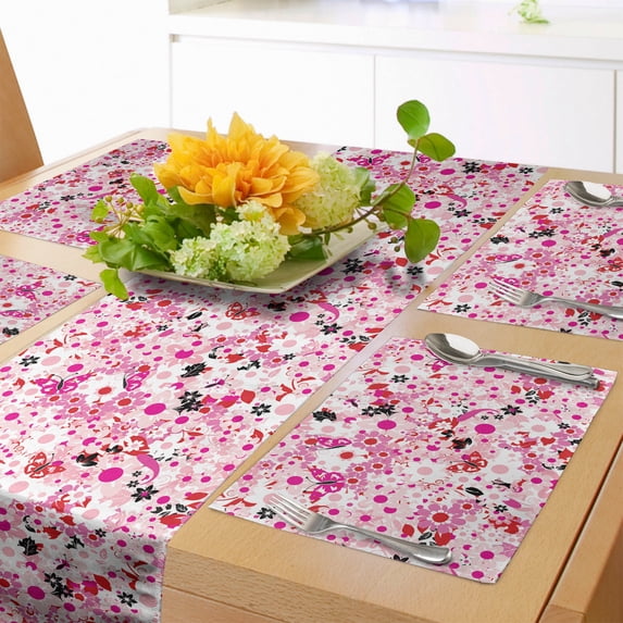 Ambesonne Floral Table Runner & Placemats, Butterflies Flower Petals, Placemat 4 pcs + Runner 12"x72", White Hot Pink Vermilion