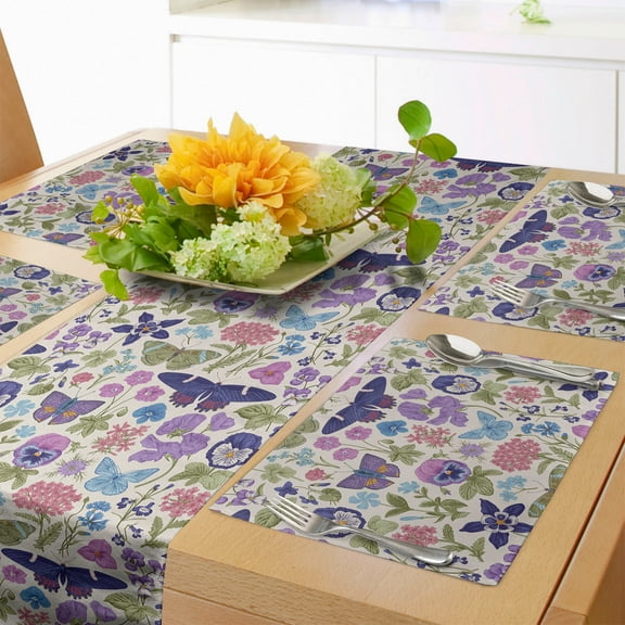 Ambesonne Floral Table Runner & Placemats, Butterfly Pansy Flower Leaf, Placemat 4 pcs + Runner 14"x72", Pale Tan and Multicolor