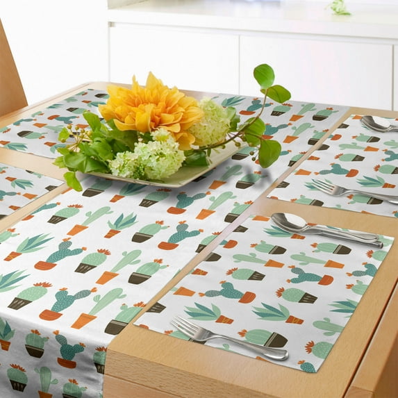 Ambesonne Floral Table Runner & Placemats, Cacti and Succulent Plants, Placemat 4 pcs + Runner 16"x72", White Multicolor