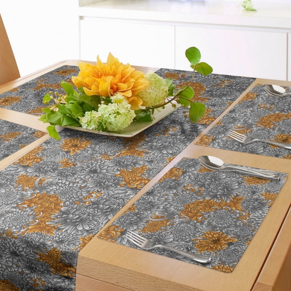 Ambesonne Floral Table Runner & Placemats, Chrysanthemum Sketch Art, Placemat 4 pcs + Runner 16"x72", Dark Orange and Pale Grey