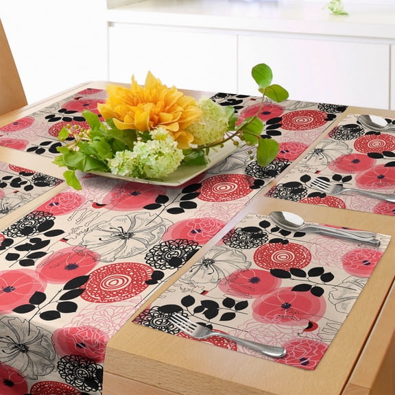 Ambesonne Floral Table Runner & Placemats, Circled Abstract, Placemat 4 pcs + Runner 14"x72", Pink and Black