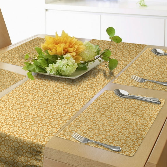 Ambesonne Floral Table Runner & Placemats, Classic Mosaic Bohemian Art, Placemat 4 pcs + Runner 12"x90", Champagne and Orange