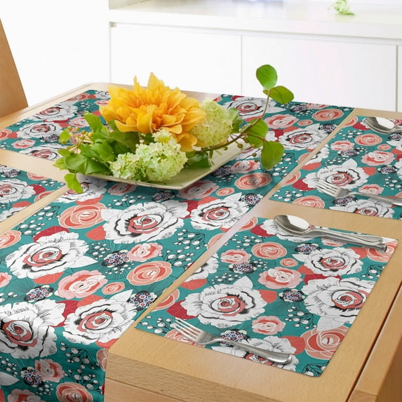 Ambesonne Floral Table Runner & Placemats, Colorful Flower Arrangements, Placemat 4 pcs + Runner 12"x90", Dark Seafoam Multicolor