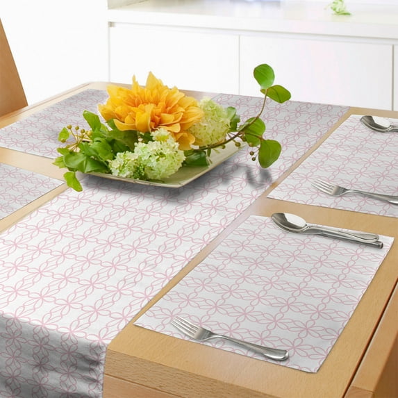 Ambesonne Floral Table Runner & Placemats, Contiguous Flowers Lines, Placemat 4 pcs + Runner 12"x72", Pale Pink and White