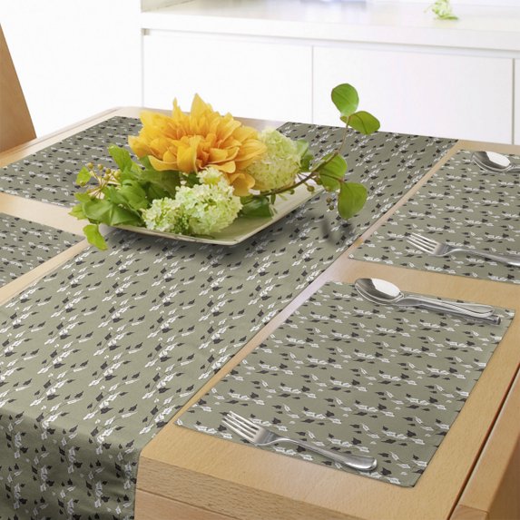 Ambesonne Floral Table Runner & Placemats, Curvy Garden Flowers, Placemat 4 pcs + Runner 12"x90", Khaki White Dark Brown