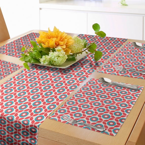 Ambesonne Floral Table Runner & Placemats, Cutsy Circles Flowers Leaves, Placemat 4 pcs + Runner 16"x90", Dark Coral Sea Blue