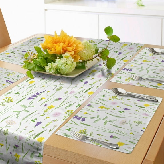 Ambesonne Floral Table Runner & Placemats, Delicate Wild Flowers, Placemat 4 pcs + Runner 16"x90", Lime Green Violet
