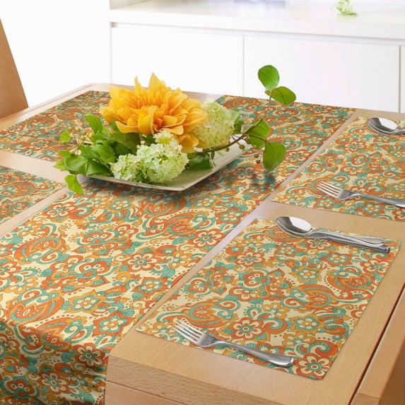 Ambesonne Floral Table Runner & Placemats, Doodle Curling Flowers Art, Placemat 4 pcs + Runner 14"x72", Orange Dark Seafoam