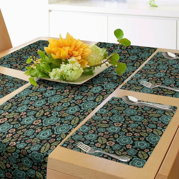 Ambesonne Floral Table Runner & Placemats, Earth Toned Flower Petals, Placemat 4 pcs + Runner 12"x72", Teal Burnt Sienna Black