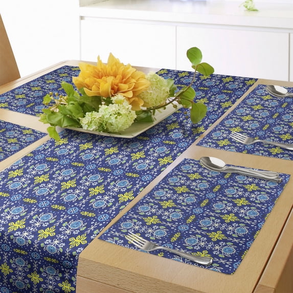 Ambesonne Floral Table Runner & Placemats, Eastern European Flowers, Placemat 4 pcs + Runner 12"x72", Indigo Mustard Sky Blue