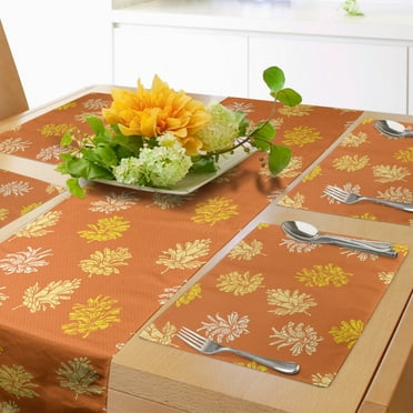 Ambesonne Floral Table Runner & Placemats, Fall Theme Pine Cones Dots, Placemat 4 pcs + Runner 12"x72", Burnt Sienna Pale Yellow