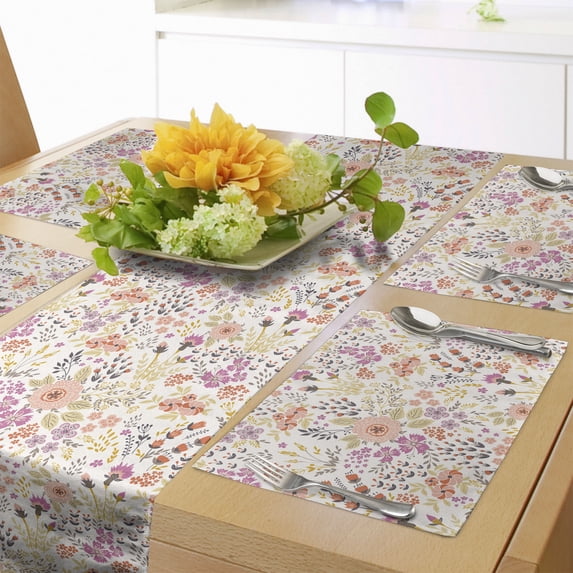 Ambesonne Floral Table Runner & Placemats, Feminine Concept, Placemat 4 pcs + Runner 12"x72", Pale Eggshell Multicolor