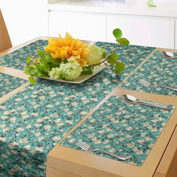 Ambesonne Floral Table Runner & Placemats, Flourishing Magnolia, Placemat 4 pcs + Runner 12"x72", Dark Brown Ivory