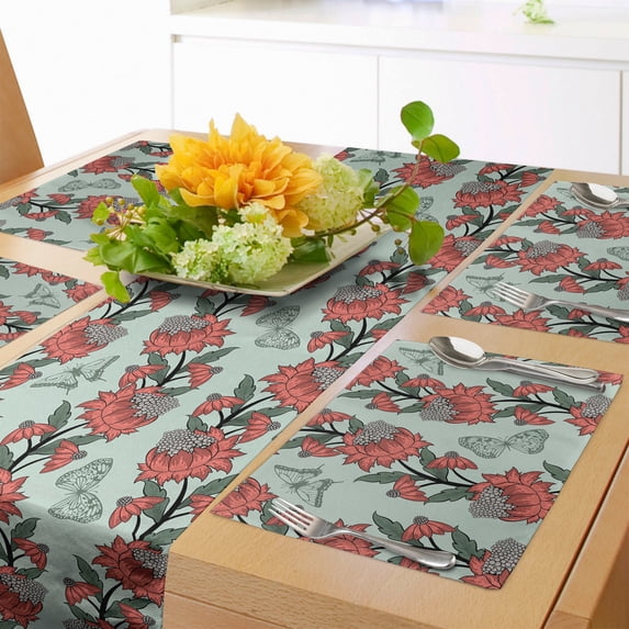 Ambesonne Floral Table Runner & Placemats, Flower Butterfly Silhouettes, Placemat 4 pcs + Runner 16"x90", Pale Blue Coral
