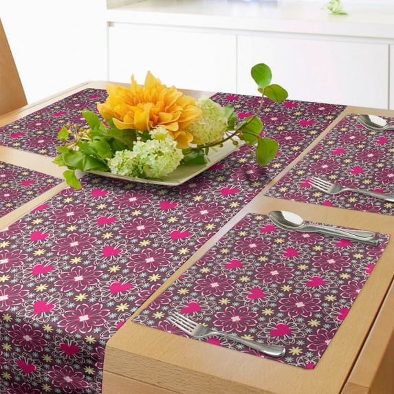 Ambesonne Floral Table Runner & Placemats, Flower Motifs and Hearts, Placemat 4 pcs + Runner 14"x90", Eggplant Multicolor