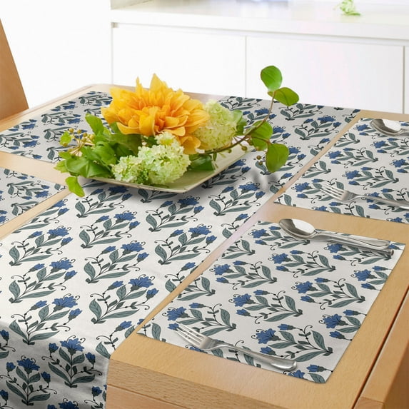 Ambesonne Floral Table Runner & Placemats, Flowers Leaves Blossom Art, Placemat 4 pcs + Runner 16"x90", Champagne Multicolor