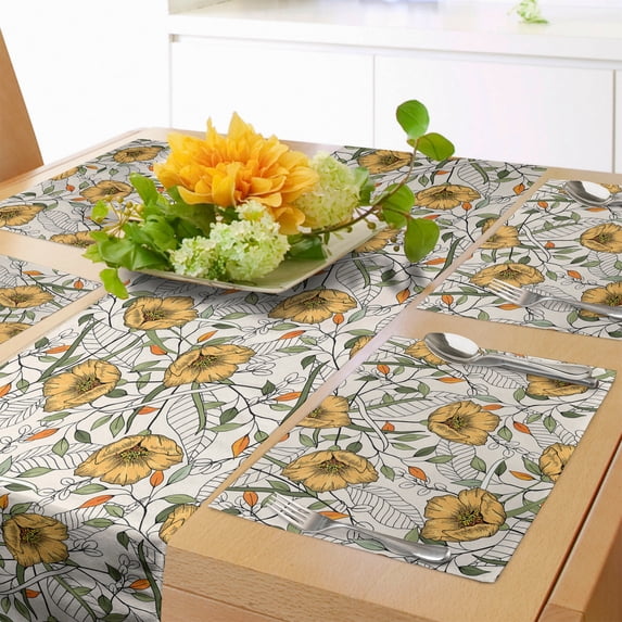 Ambesonne Floral Table Runner & Placemats, Flowers and Striped Leaves, Placemat 4 pcs + Runner 14"x90", Eggshell and Multicolor