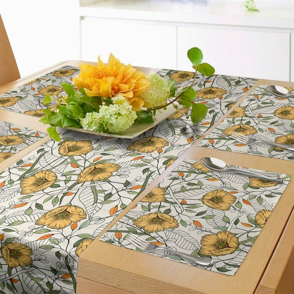 Ambesonne Floral Table Runner & Placemats, Flowers and Striped Leaves, Placemat 4 pcs + Runner 16"x72", Eggshell and Multicolor