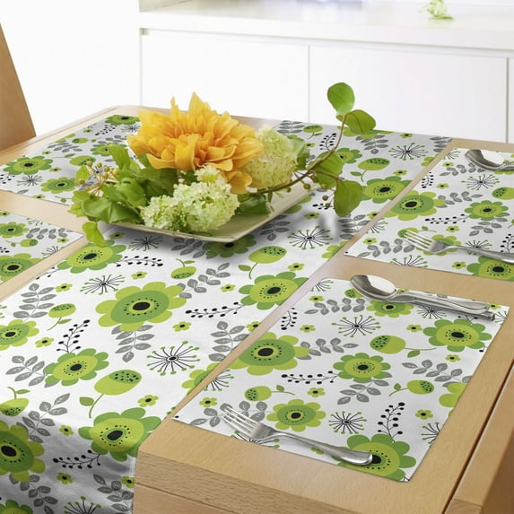 Ambesonne Floral Table Runner & Placemats, Fresh Tones Spring Blossoms, Placemat 4 pcs + Runner 16"x72", Yellow Green Fern Green
