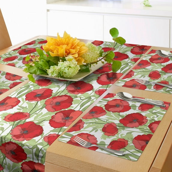 Ambesonne Floral Table Runner & Placemats, Garden Summer Poppy Petals, Placemat 4 pcs + Runner 14"x90", White Dark Coral and Green
