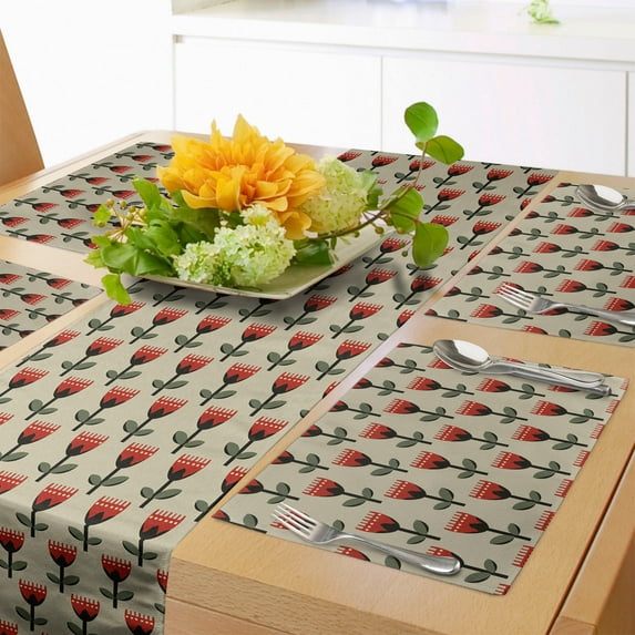 Ambesonne Floral Table Runner & Placemats, Graphical Tulips Concept, Placemat 4 pcs + Runner 12"x72", Beige Multicolor
