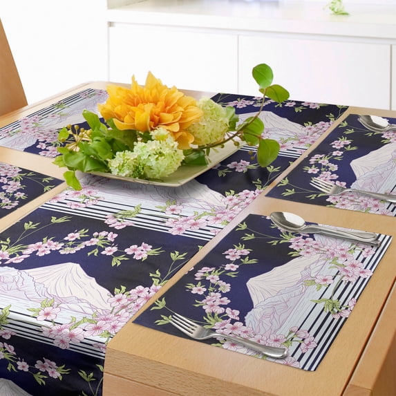 Ambesonne Floral Table Runner & Placemats, Japanese Blossom Mount Hill, Placemat 4 pcs + Runner 12"x90", Indigo Pale Pink