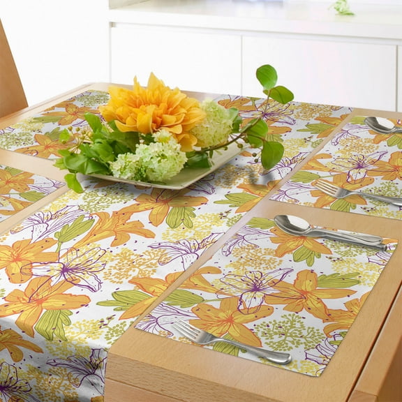 Ambesonne Floral Table Runner & Placemats, Lily Petals Exotic Bloom, Placemat 4 pcs + Runner 12"x72", Apple Green Marigold