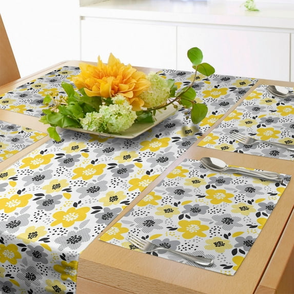 Ambesonne Floral Table Runner & Placemats, Modern and Abstract Flowers, Placemat 4 pcs + Runner 12"x90", Grey Black and Yellow