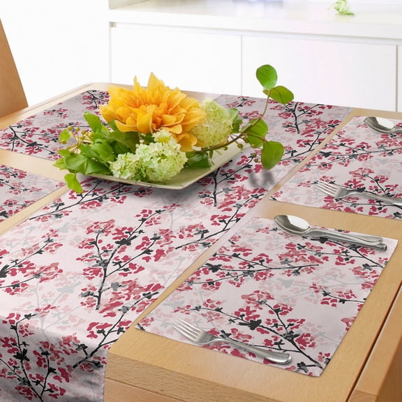 Ambesonne Floral Table Runner & Placemats, Nature Inspired Branches, Placemat 4 pcs + Runner 12"x90", Rose Ruby Black