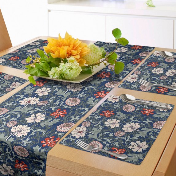 Ambesonne Floral Table Runner & Placemats, Oriental Blossom Motifs Art, Placemat 4 pcs + Runner 14"x72", Night Blue and Multicolor