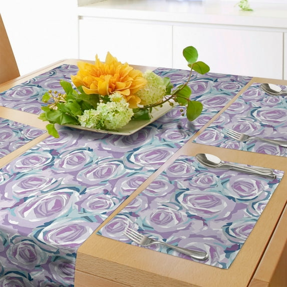 Ambesonne Floral Table Runner & Placemats, Overview of Roses Scenery, Placemat 4 pcs + Runner 12"x72", Mauve Seafoam