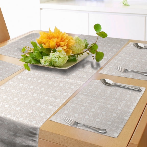 Ambesonne Floral Table Runner & Placemats, Pastel Flowers and Dots, Placemat 4 pcs + Runner 14"x90", Pale Mauve and White
