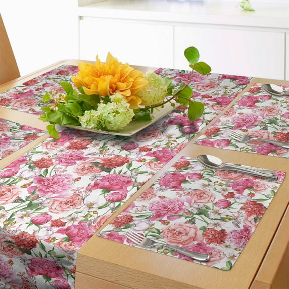 Ambesonne Floral Table Runner & Placemats, Peonies and Roses, Placemat 4 pcs + Runner 12"x72", White Pink Blush