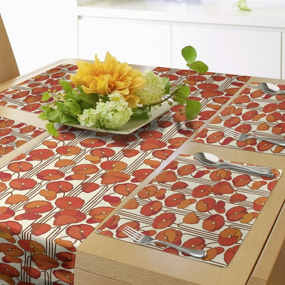 Ambesonne Floral Table Runner & Placemats, Poppies Retro Spring, Placemat 4 pcs + Runner 16"x90", Orange and Ivory